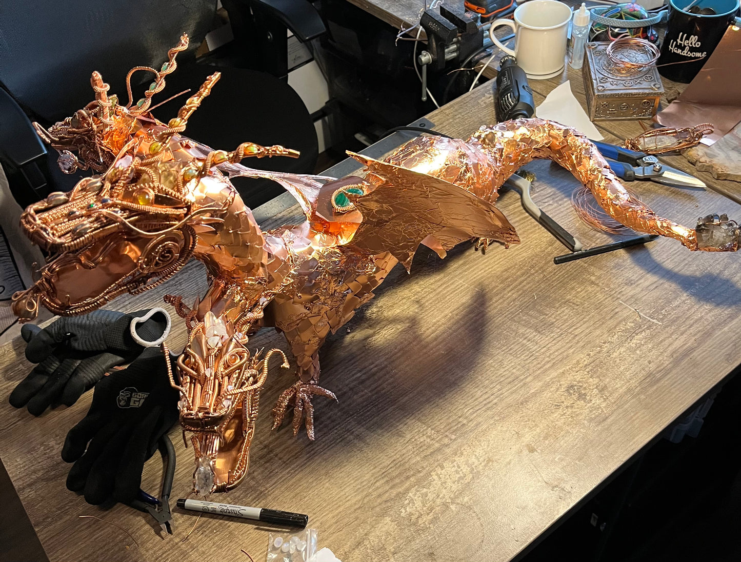 Copper dragon with crystals